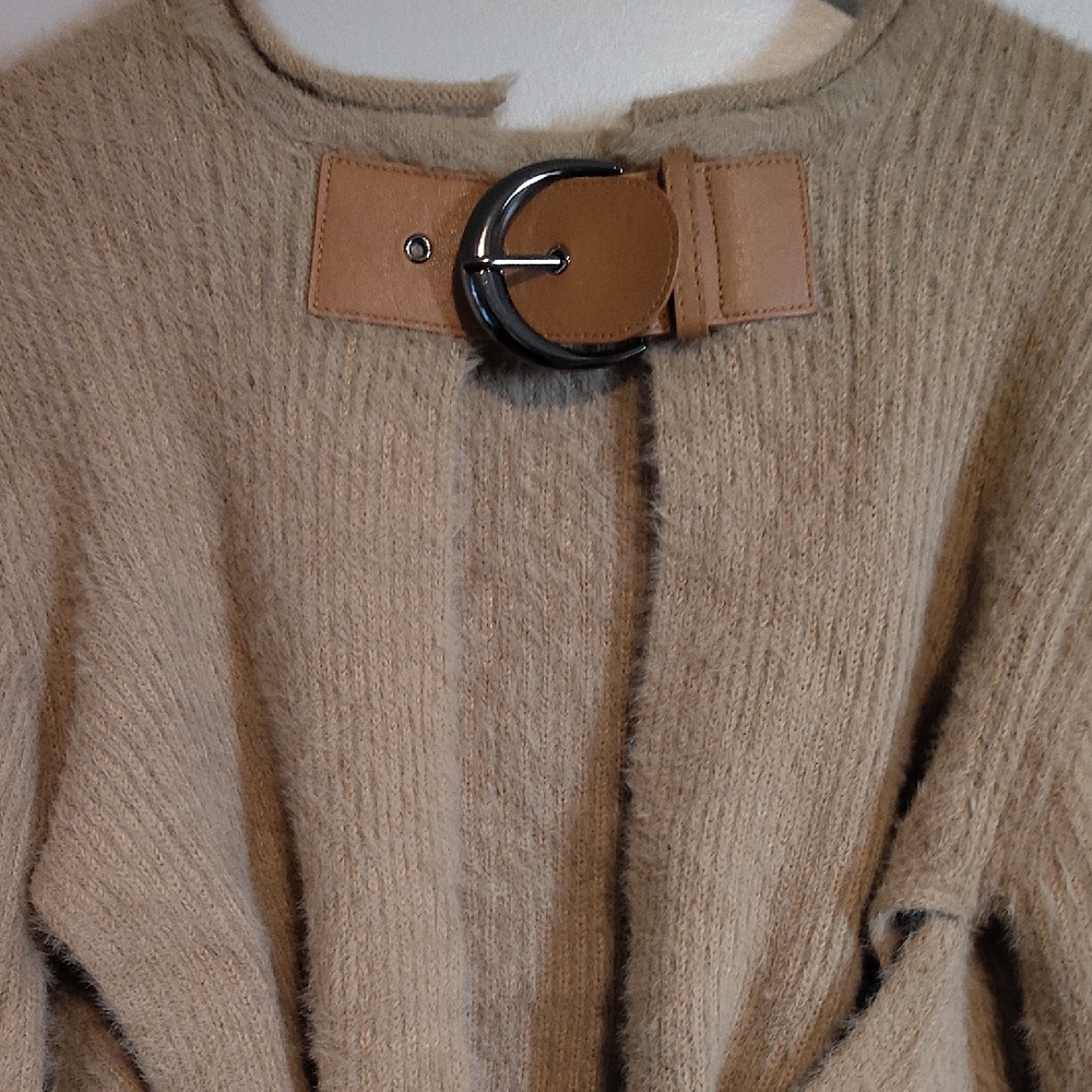 Fashion Nova Tan Knit Sweater with Buckle Accent